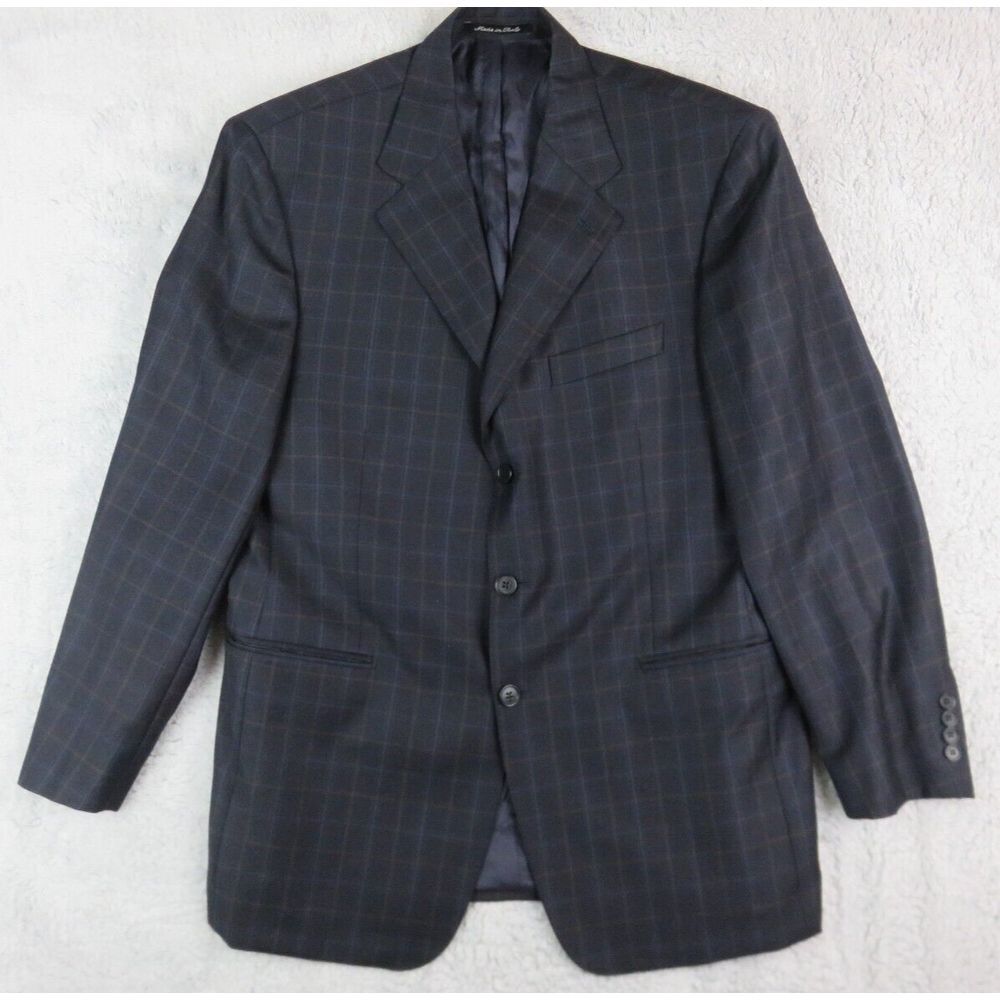 Mens Faconnable Sport Coat Jacket 3 Button 44R‎ Blue Brown Windowpane Wool Lined